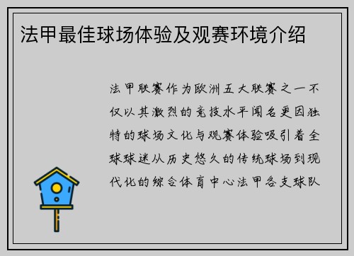 法甲最佳球场体验及观赛环境介绍